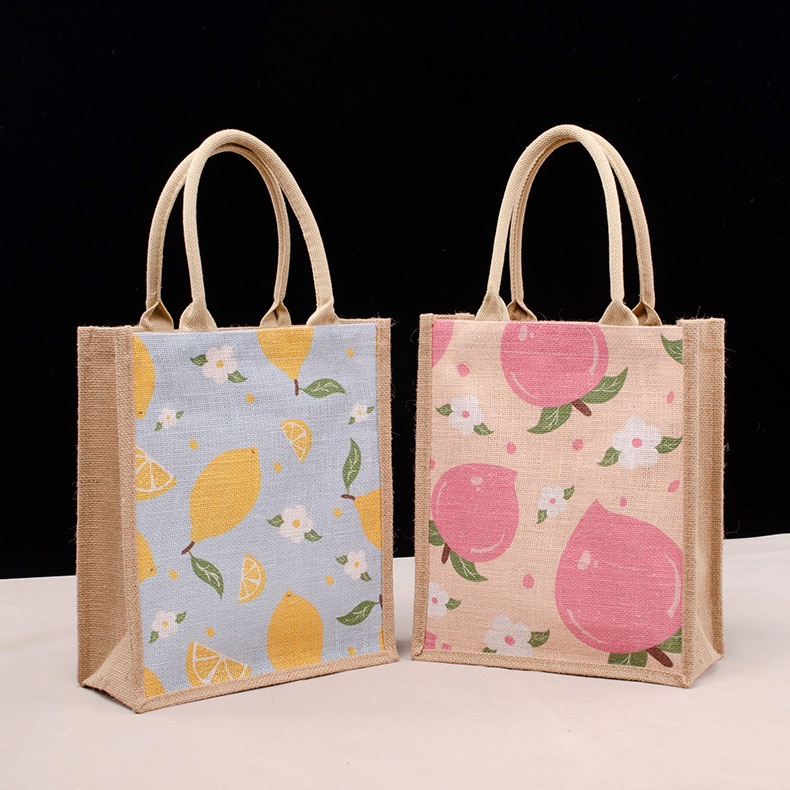 现货草莓水果手绘拉链手提麻布袋 diy手拎购物单肩托特黄麻包
