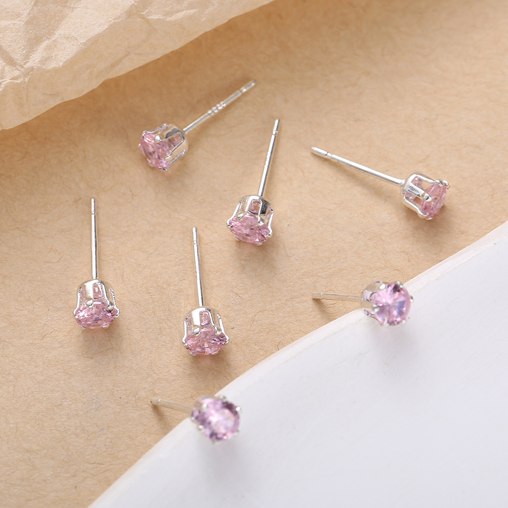 s925 imitation silver needle pink zirconium stud earrings girl pink zircon stud earrings six claw pink diamond earrings simple and elegant earrings wholesale