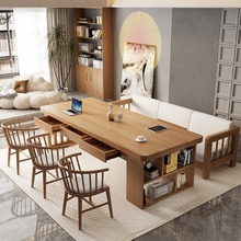 客厅实木大长桌带抽屉实木书桌书柜一体家用办公学习写字桌工作台