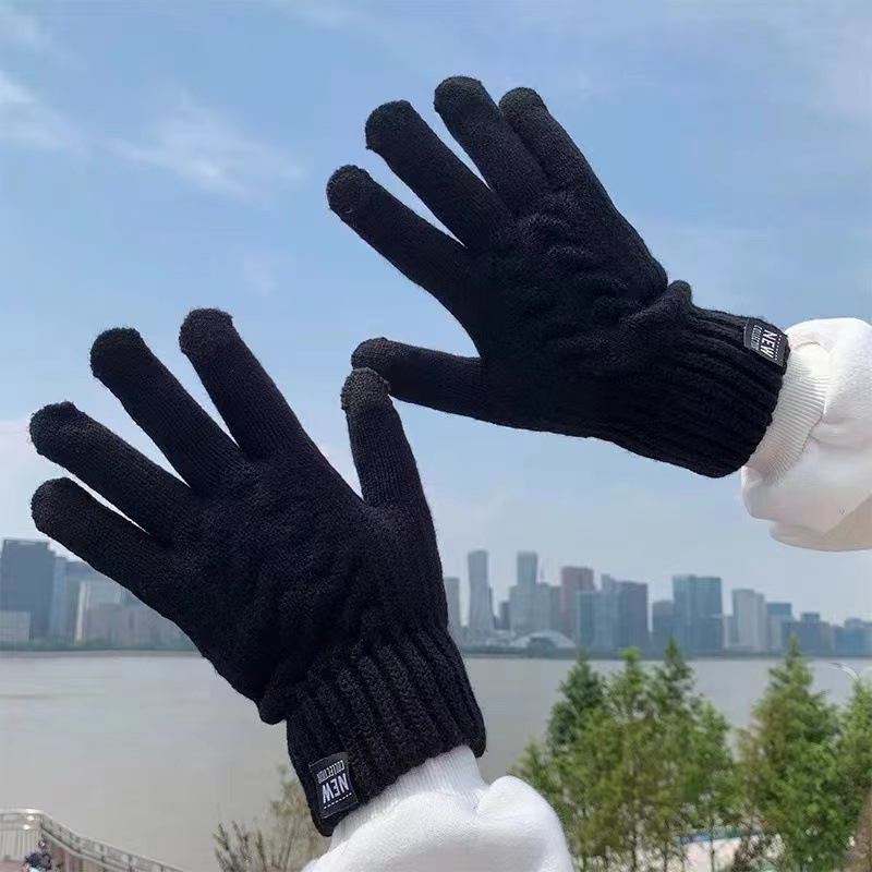 Winter Knitting Warm Touch Screen Cold-Proof Double-Layer Fleece-Lined Men‘s and Women‘s Gloves Wholesale Korean Cycling Couple Men‘s