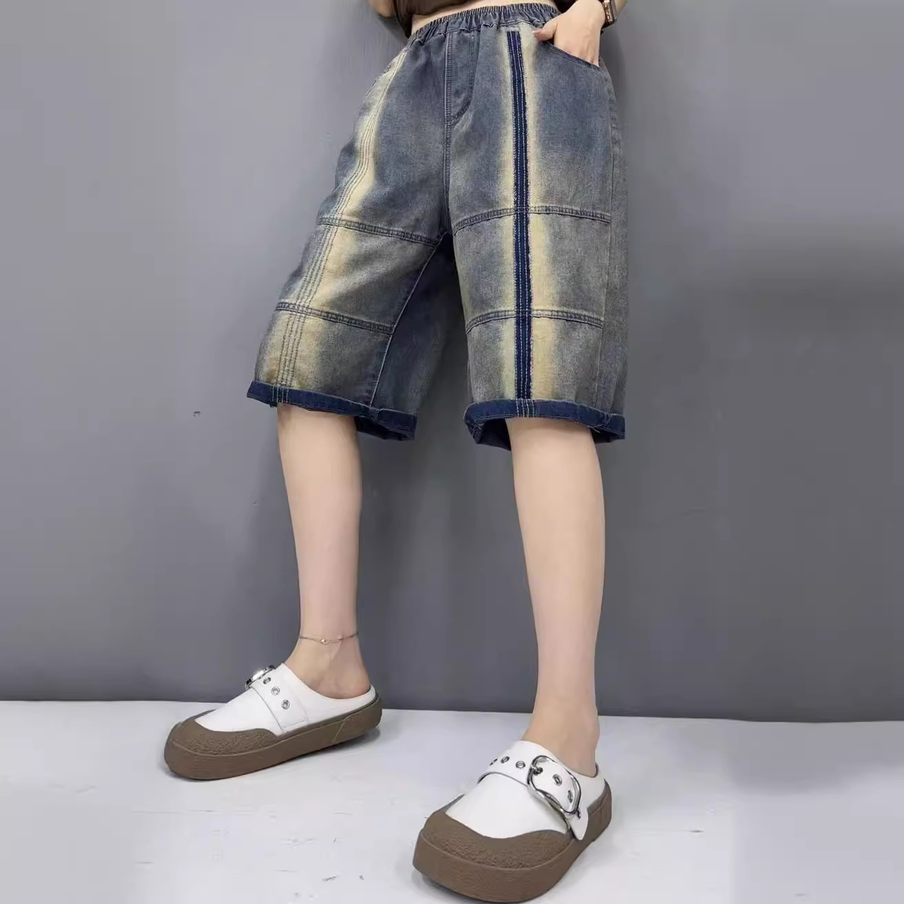 新品休闲水洗做旧牛仔六分裤女个性撞色拼接洋气五分阔腿短裤