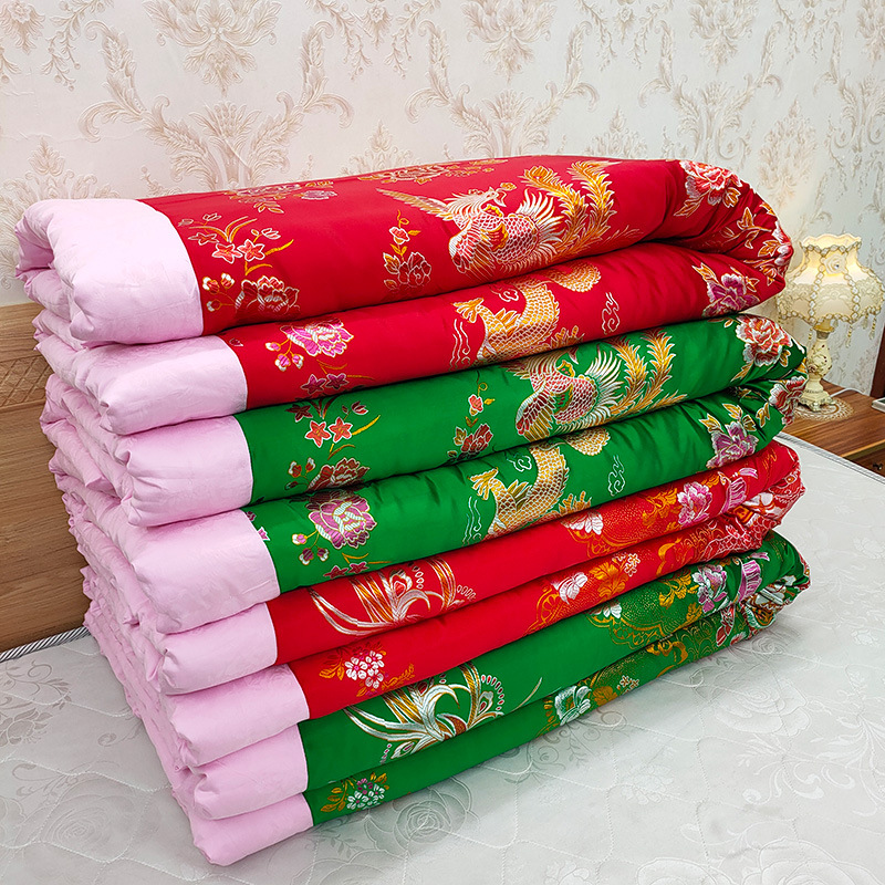 纯手工陪嫁大红色绿龙凤百子丝绸被面棉花春秋绸缎结婚喜被子