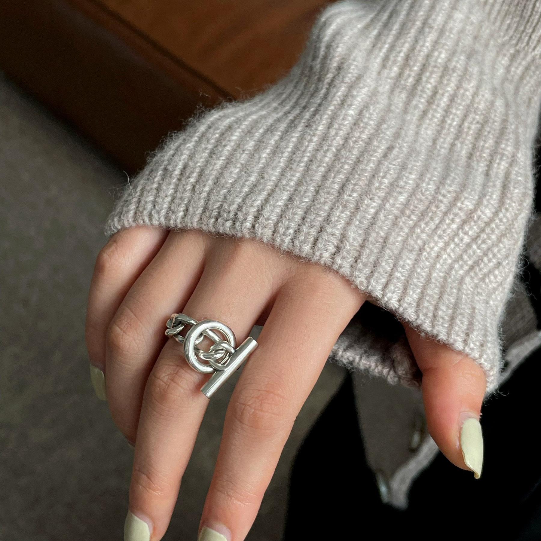 Korean Style S925 Silver Personalized round Ring Multilayer Ring Women's Retro Fashion OT Buckle Chain Opening Index Finger Ring Fashion