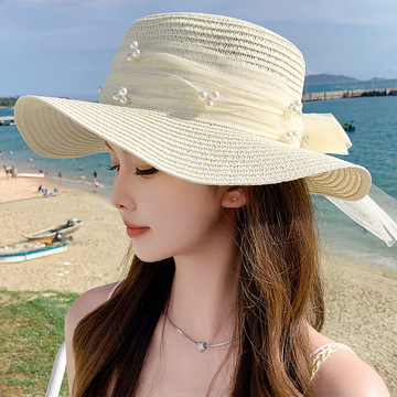韩版小清新甜美遮阳草帽 高颜值平顶珍珠飘带帽子海边沙滩帽批发