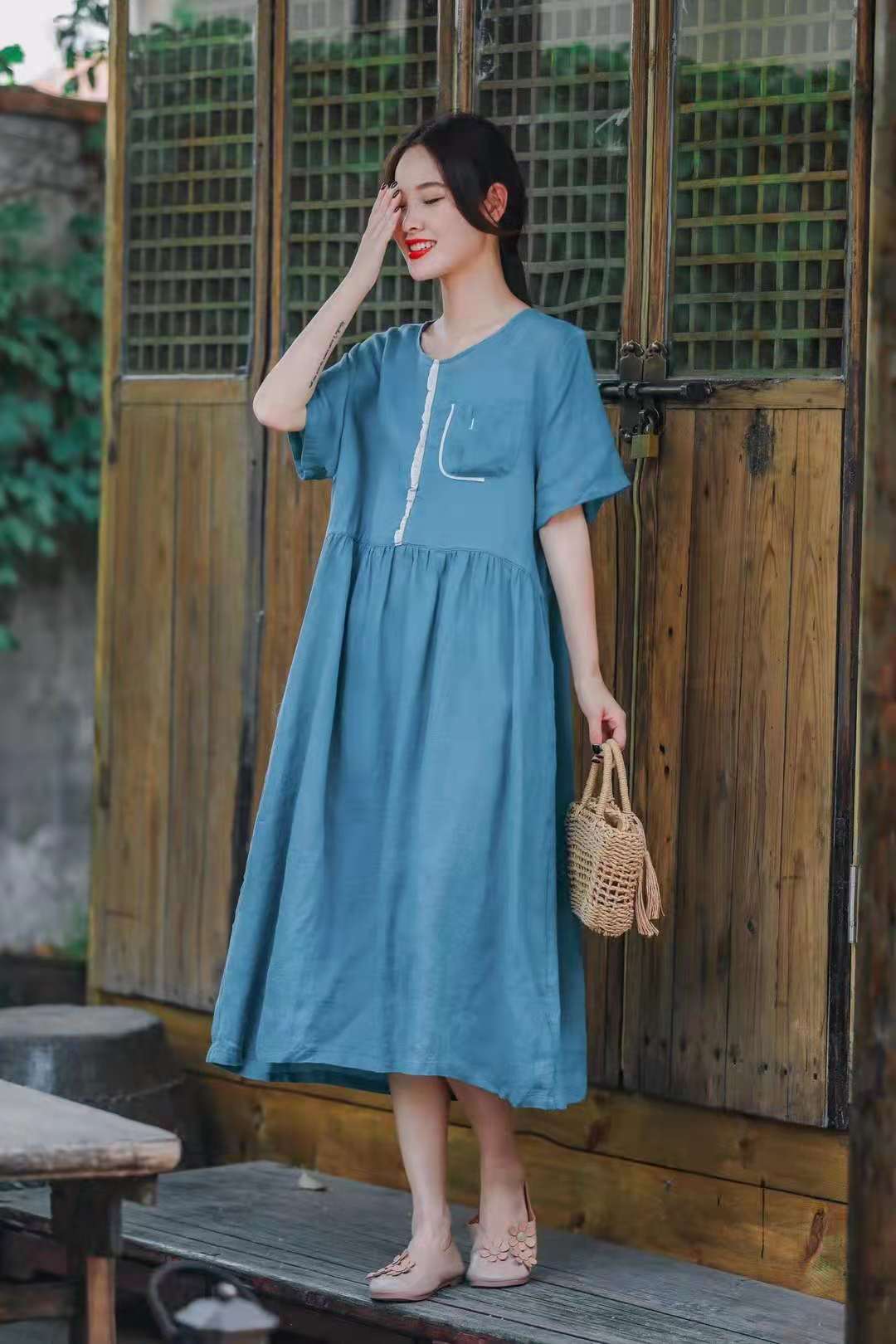 2021夏季亚麻女长裙短袖文艺大码裙摆a字裙长款连衣裙麻料透气