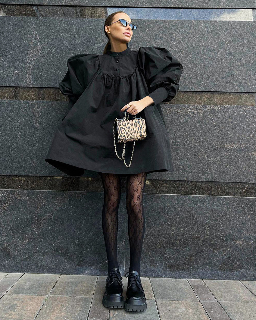 2022春季新款连衣裙夸张哥特风欧美女装宽松泡泡袖短裙立领a字裙