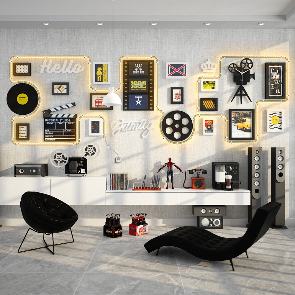 高分子_b09电影主题发光照片墙黑白现代简约装饰组合相框led灯带