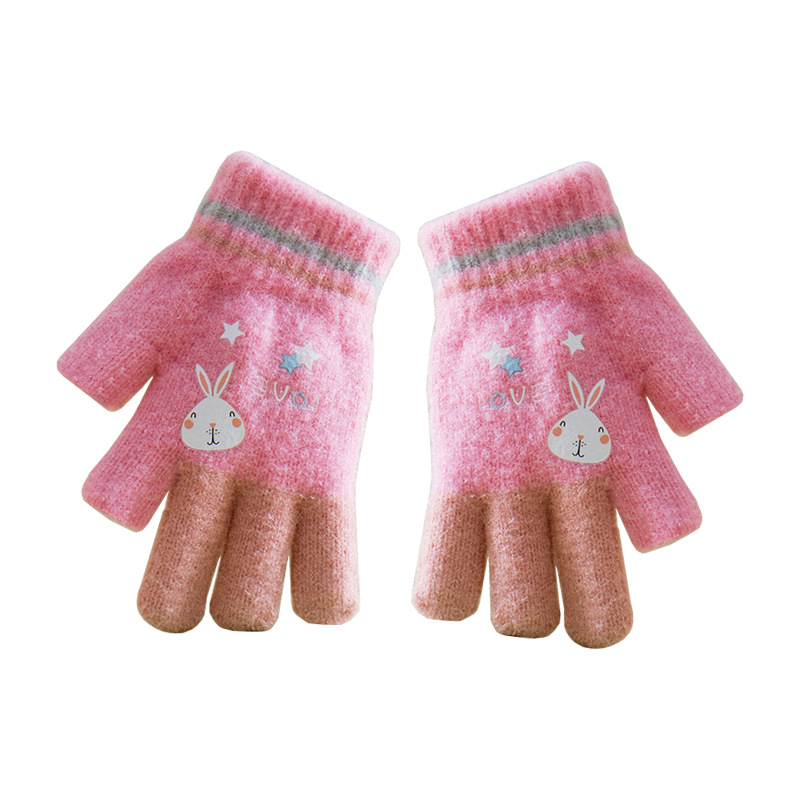 Children's Gloves Winter Children's Five Finger Knitted Cute Open Finger Cold-Proof Warm Girl Writing Wholesale Baby Fleece-lined