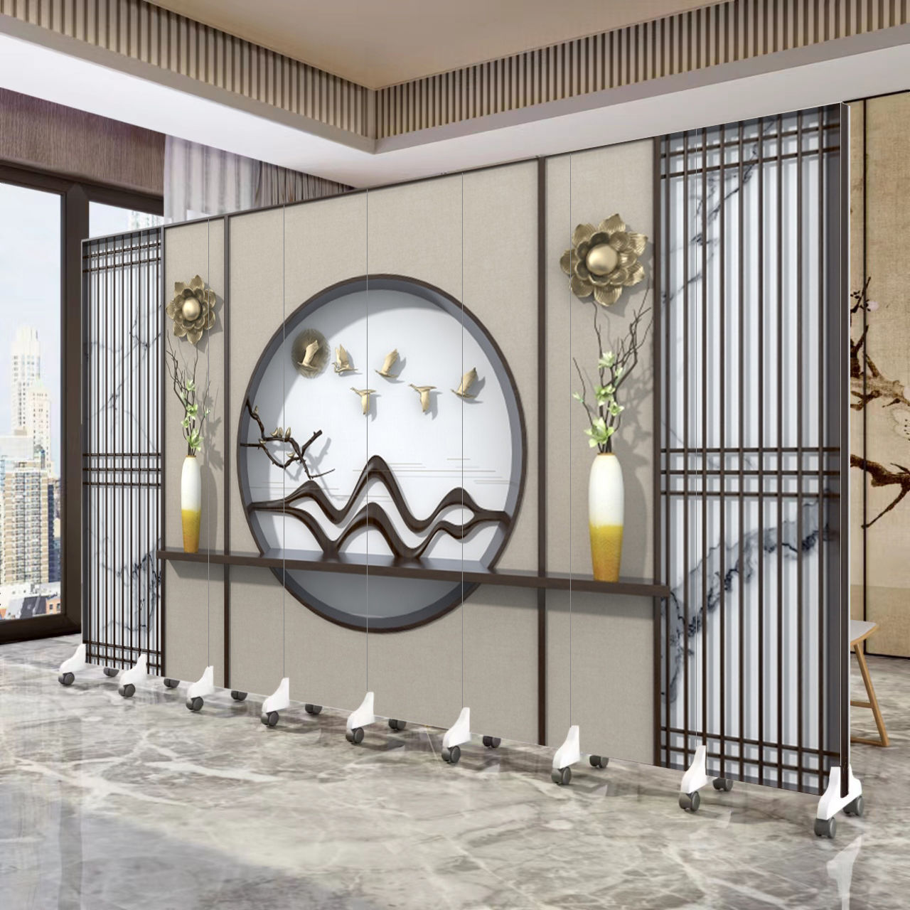 新中式屏风隔断办公室饭店大厅玄关酒店花格玄关背景墙木格栅折屏