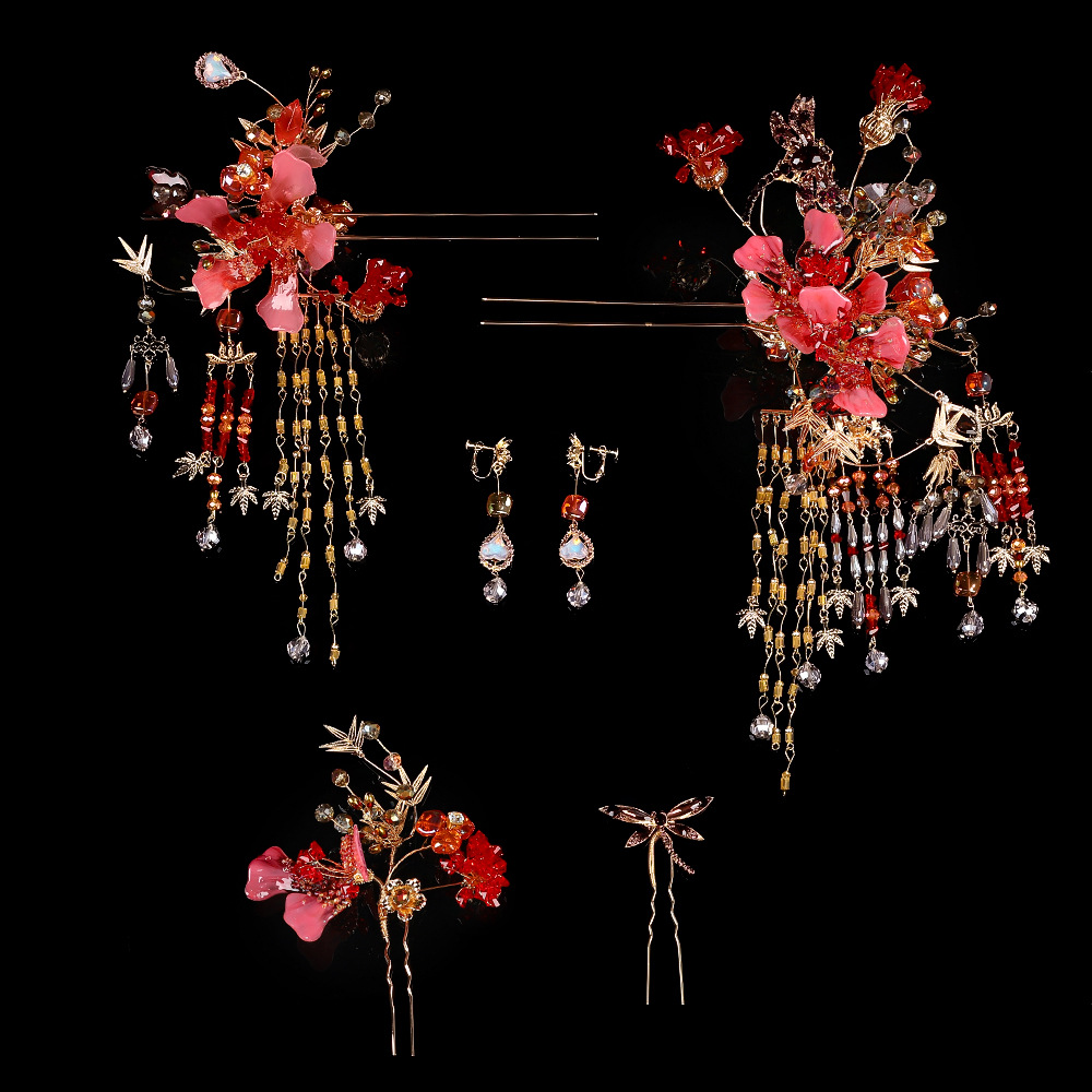 2024新款中式新娘结婚秀禾头饰红色花朵流苏发钗古典减龄秀禾配饰