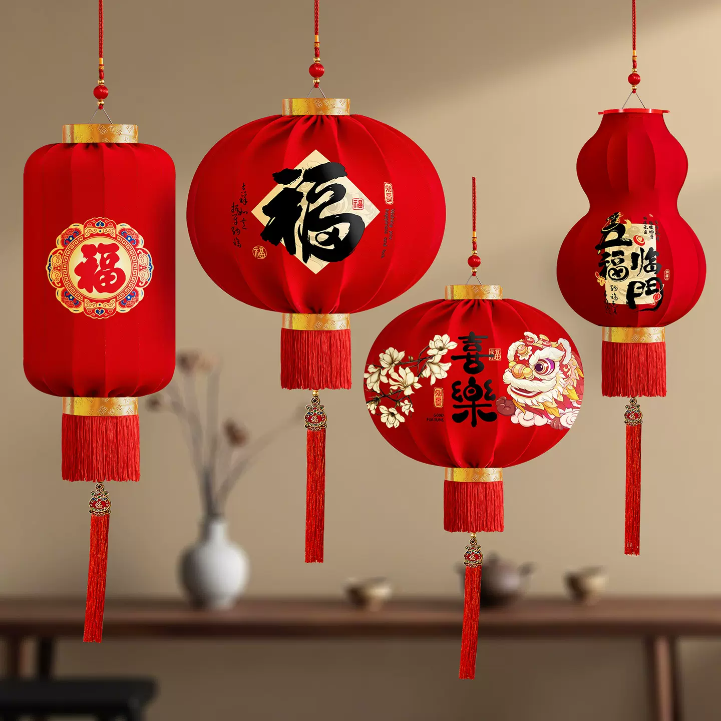 2026马年新款醒狮大红灯笼过年挂饰喜庆国风装饰绒布阳台灯笼一对