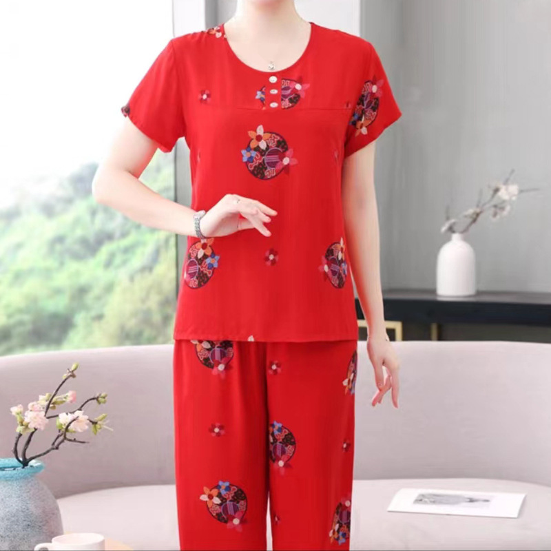 棉绸睡衣清仓老太太睡衣可外穿中老年套头款老人宽松休闲短袖大码