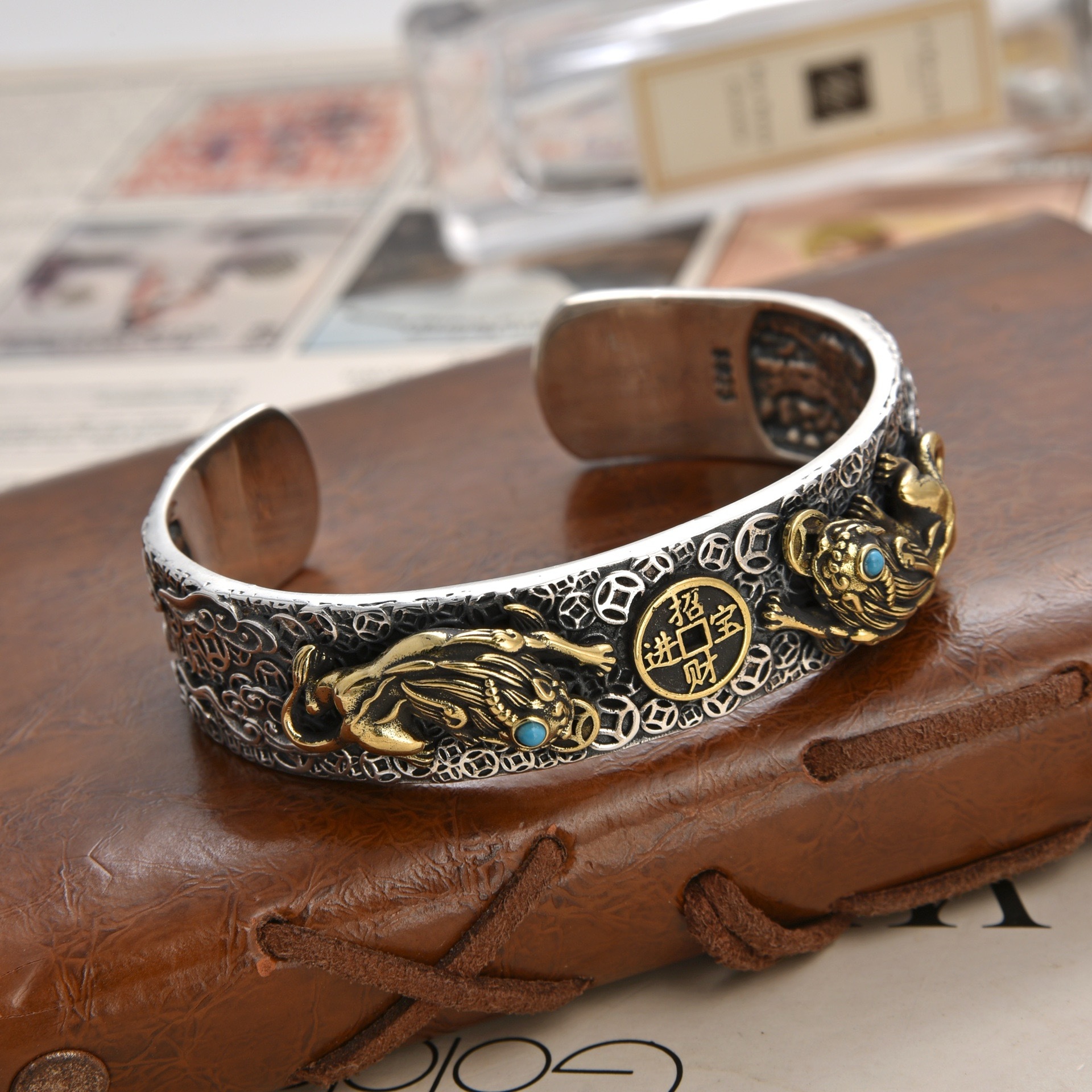 貔貅招财男士手镯复古银手镯925足银送礼好物个性潮人开口银手镯