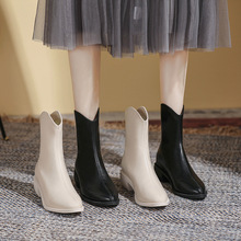 西部牛仔靴2022年新款尖头粗跟女靴春秋短靴V口马丁靴女大码靴子