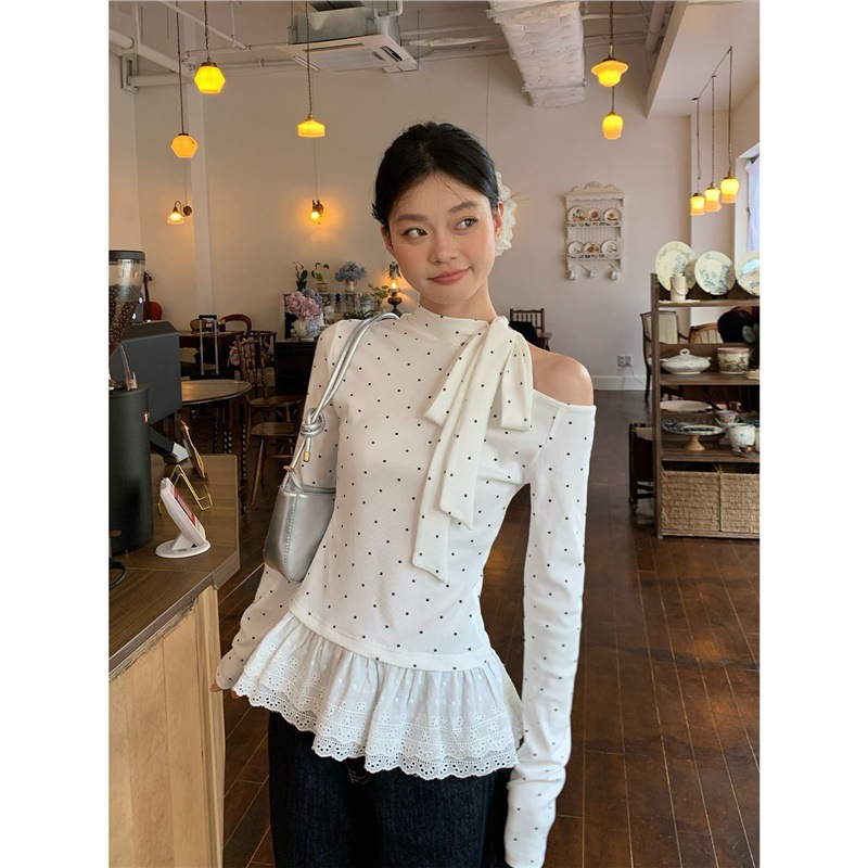 白色波点蝴蝶结绑带内搭t恤女蕾丝花边修身设计感精棉长袖上衣潮