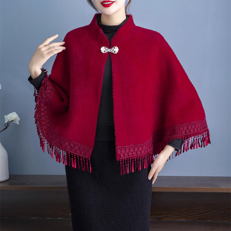 旗袍毛披肩新娘敬酒服婚礼外搭中国风新斗篷披风冬季流苏貂绒衫女