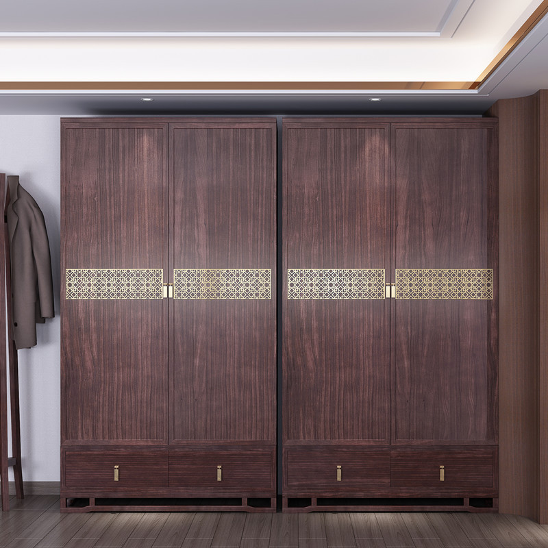 半简乌金木衣柜双门平开门原木全实木推拉门储物柜子新中式大衣橱