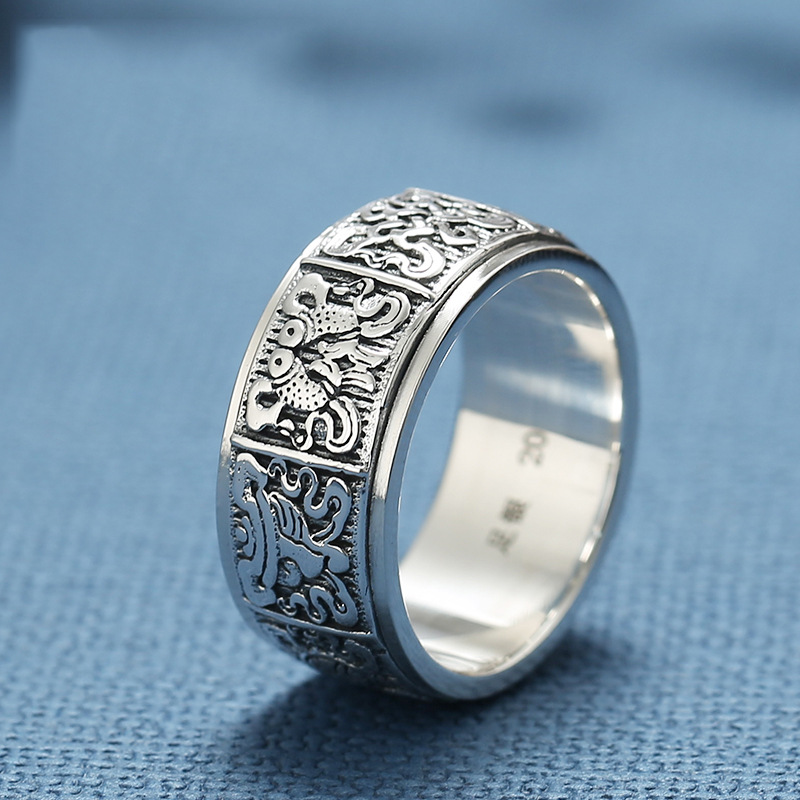 990纯银吉祥八宝转运戒指男潮流 单身复古个性佛系食指环饰品批发