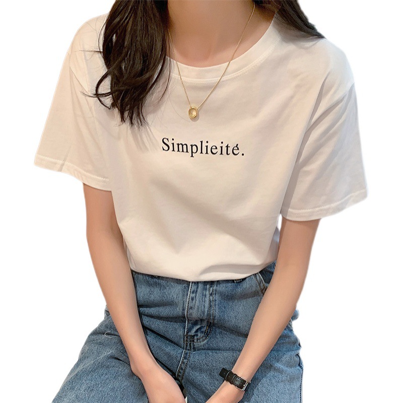 Internet Celebrity Minimalist Short-Sleeved T-shirt Women's Cotton Printed Blouse 2023 New Summer Wide Pine T-shirt Ins Fashion