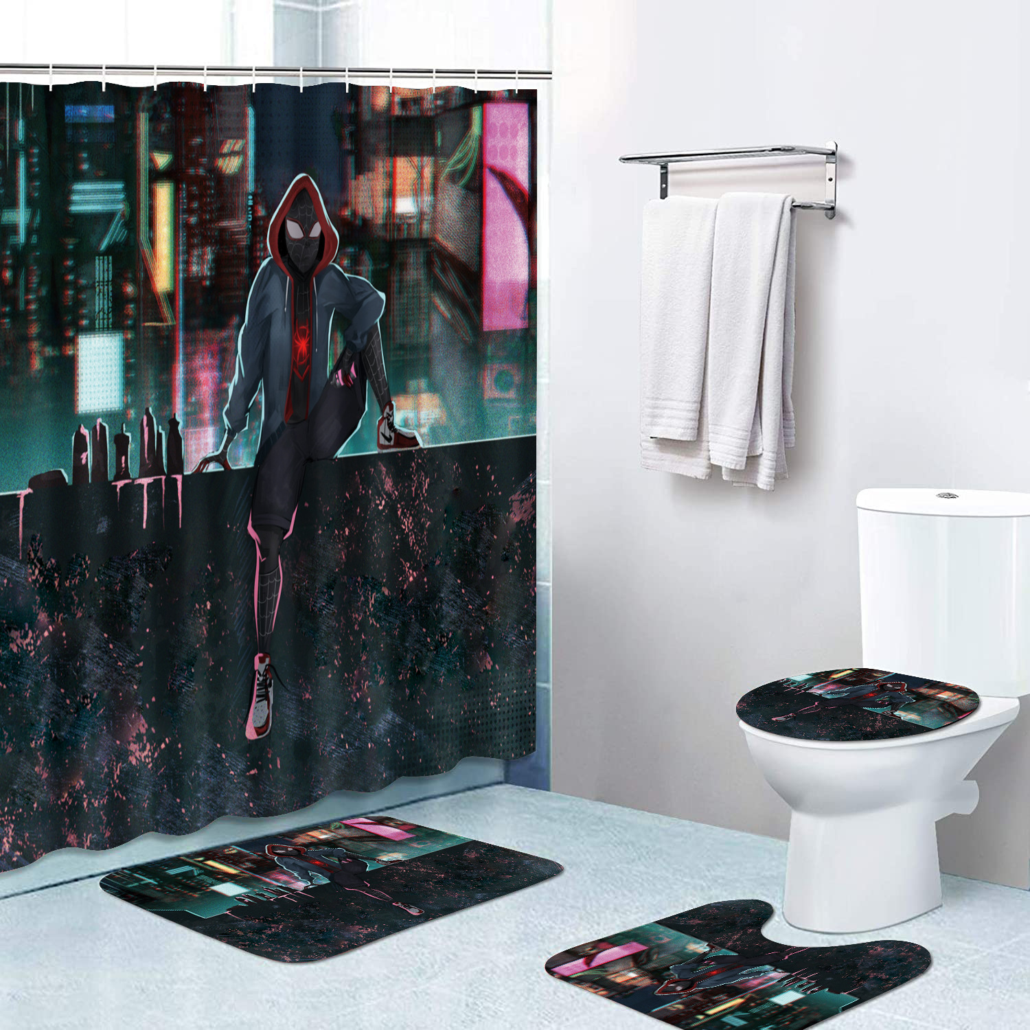 Cross-Border Miles Morales Shower Curtain Four-Piece Waterproof Shower Curtain Carpet Non-Slip Mat Toilet Mat Floor Mat Set