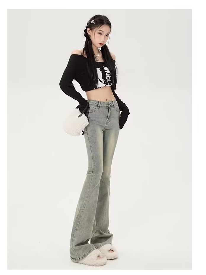 New High Waist Stretch Bootcut Trousers Jeans Women's Autumn Trousers Street American Hot Girl High Street Fashion Pants Women