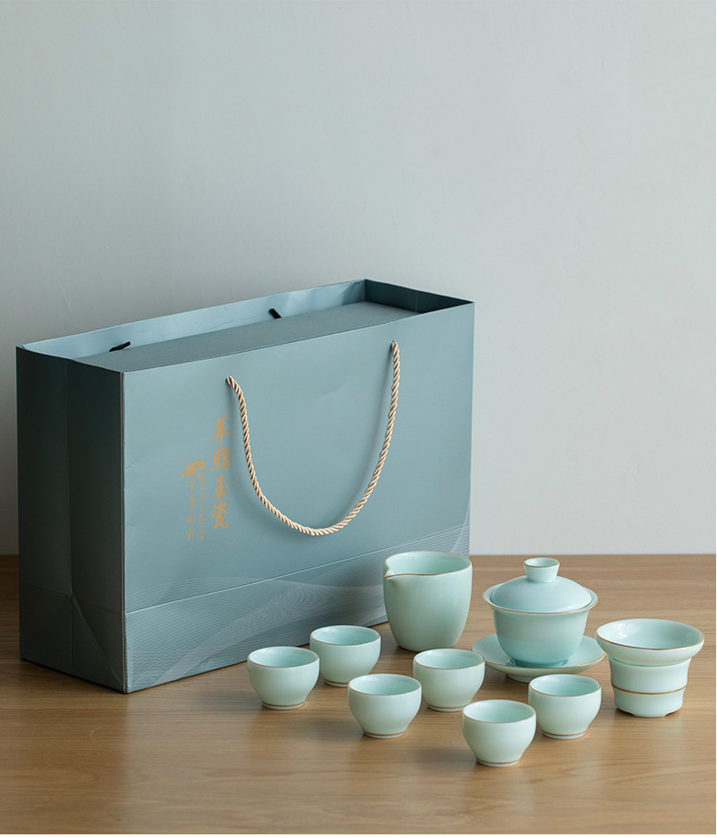 影青描金羊脂玉茶具套装粉青功夫茶具礼盒装商务赠品礼品定制logo