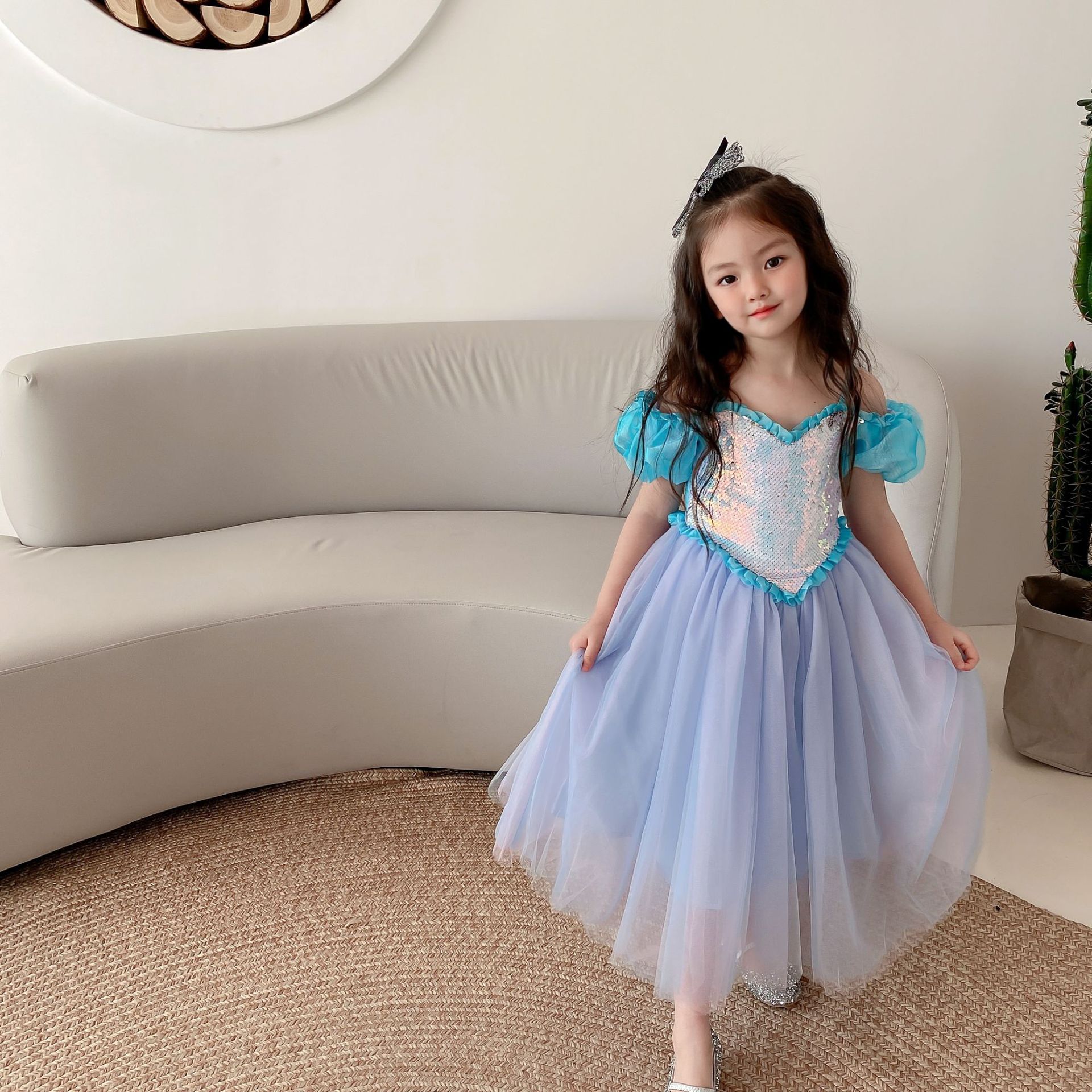 21夏季新款儿童短袖网纱公主裙女童亮片连衣裙生日礼服裙泡泡袖