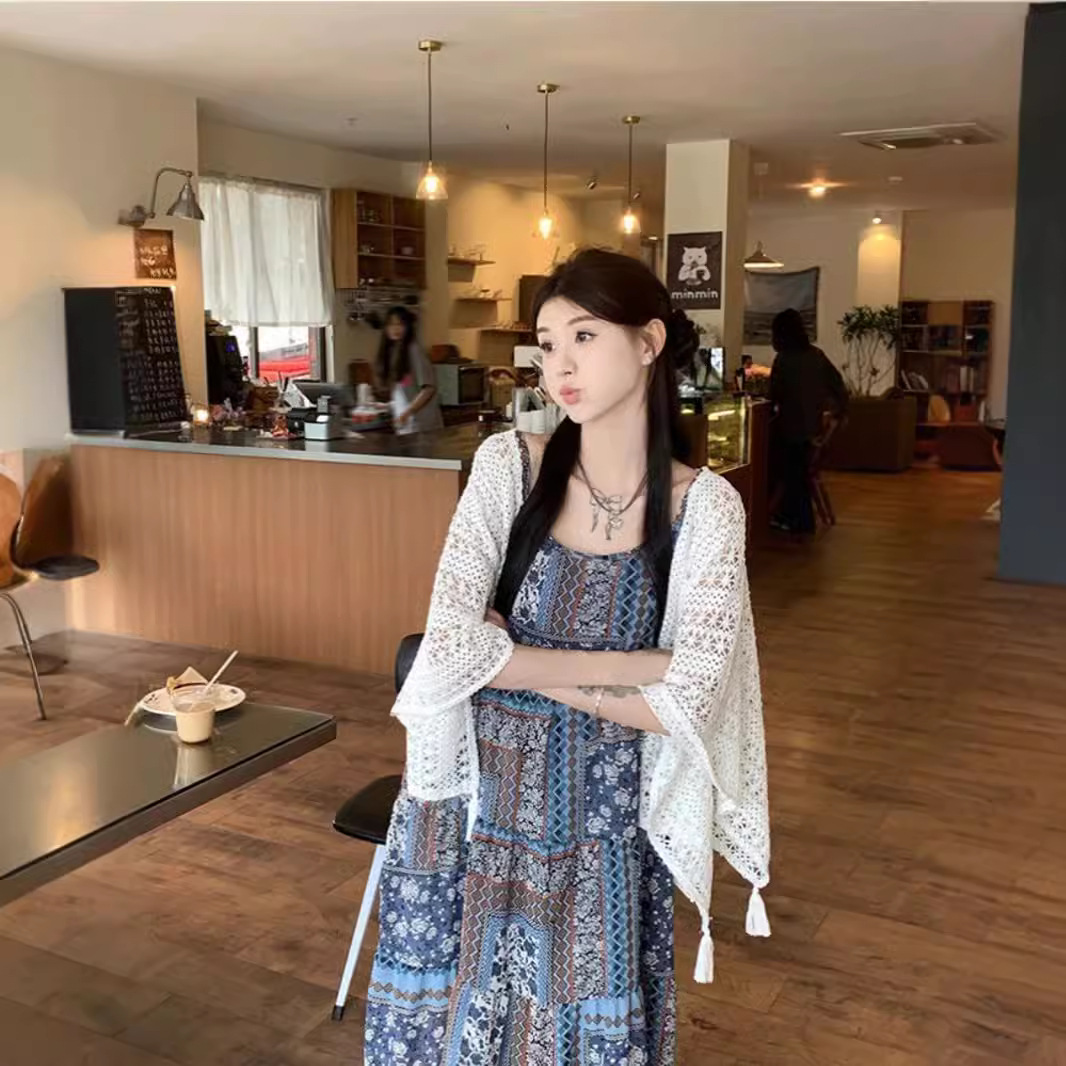 波西米亚风冰丝防晒开衫女薄款小披肩夏配吊带裙外搭流苏蕾丝罩衫
