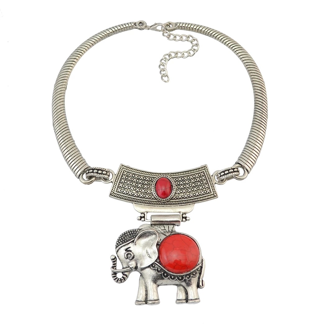 欧美热销复古异域夸张风古粗项圈 镂空大象雕花松石短款项链