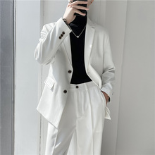 一件代发 新款男士宽松休闲西装两件套2023青年白色西服套装免烫
