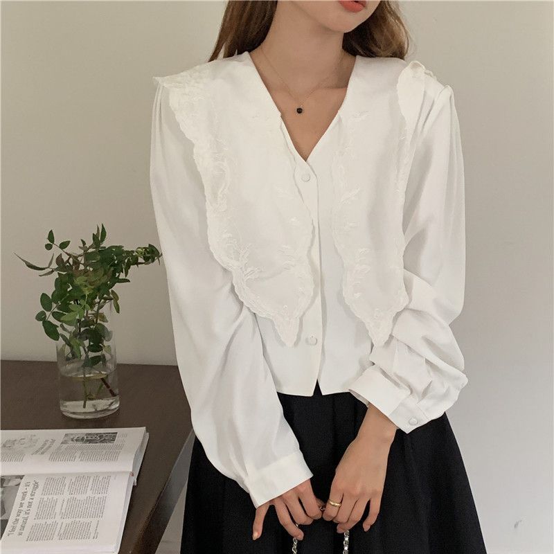 2023韩版秋冬季新款女士衬衣上衣法式复古刺绣领子短款长袖衬衫
