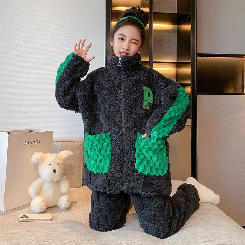 black and green square flannel pajamas children‘s students middle and big children‘s letters class a cardigan pajamas winter 2023