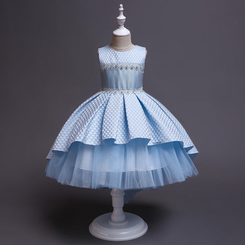 夏季女童连衣裙婚纱无袖天蓝色蓬蓬裙小女孩聚会洋气格子公主裙