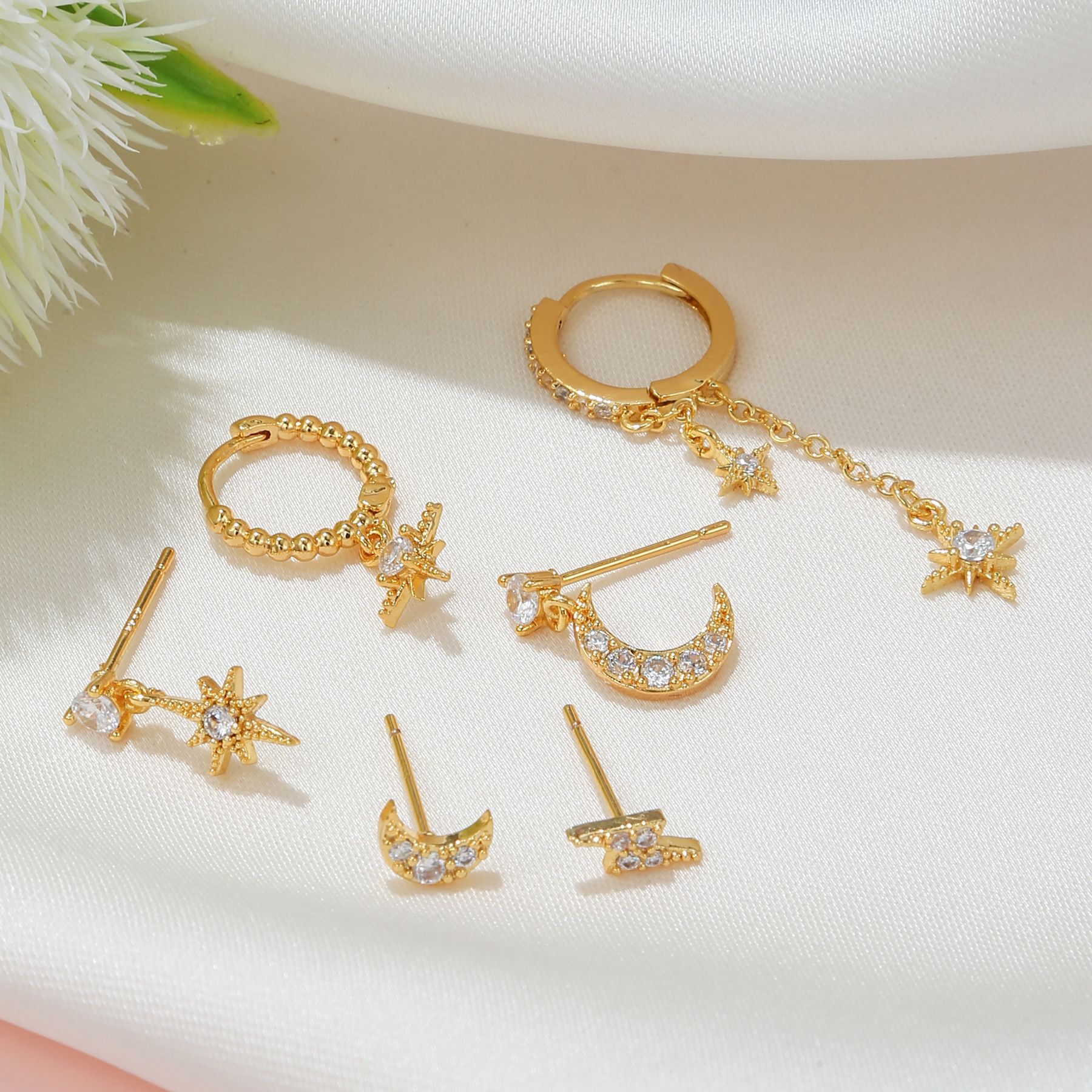 Europe and America Cross Border 18K Star Moon Asymmetric Earrings Six-Piece Set Ins Fashion Zircon Earings Set Female Eardrop Jewelry