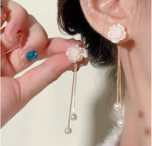 白色山茶花流苏耳环女小众设计珍珠吊坠高级轻奢气质耳钉