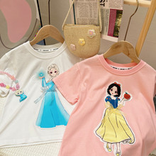 亮灯女童棉质爱莎公主短袖T恤夏新款儿童装宝宝女孩卡通圆领上衣