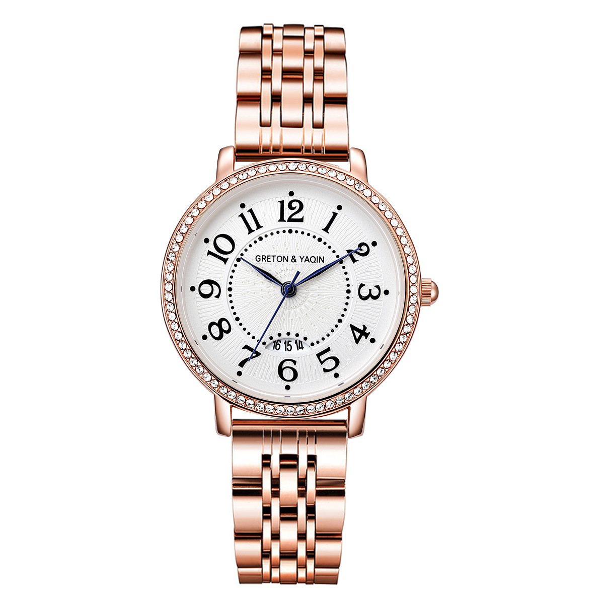 雅琴手表女士玫瑰金实心钢带镶钻数字刻度带日历品牌防水时尚女表