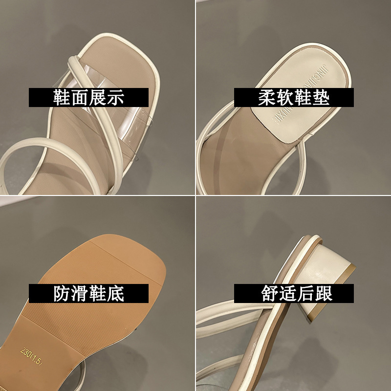 French Style Sandals Women's Summer Outdoor Wear 2024 New Popular Soft Bottom Transparent Mid-Chunky Heel Slippers with Skirt