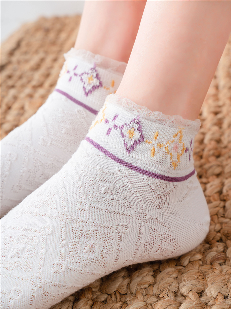 新品袜子女船袜春夏花边纯棉短袜时尚小碎花学院风学生袜纯棉吸汗