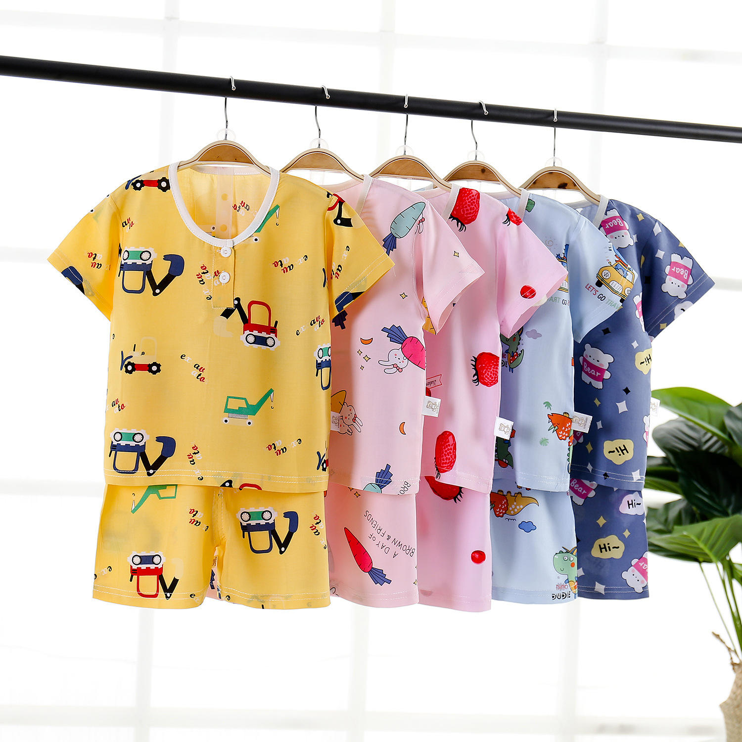 儿童装夏季空调服棉绸短袖家居服套装宝宝人造棉睡衣睡裤夏装新款