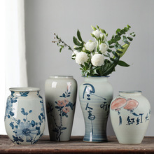 中式青花纹理广口陶瓷小花瓶 雅致手绘文字高颜值家居客厅装饰品
