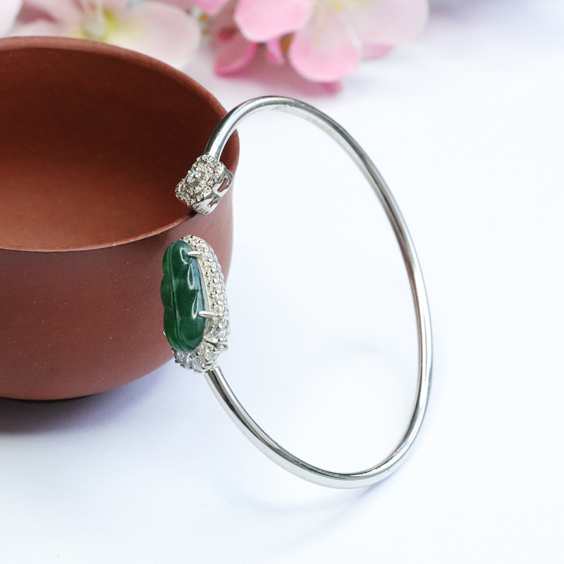 鑫钰 直播代发s925银镶冰种翡翠叶子手镯帝王绿开口镯子手环玉石
