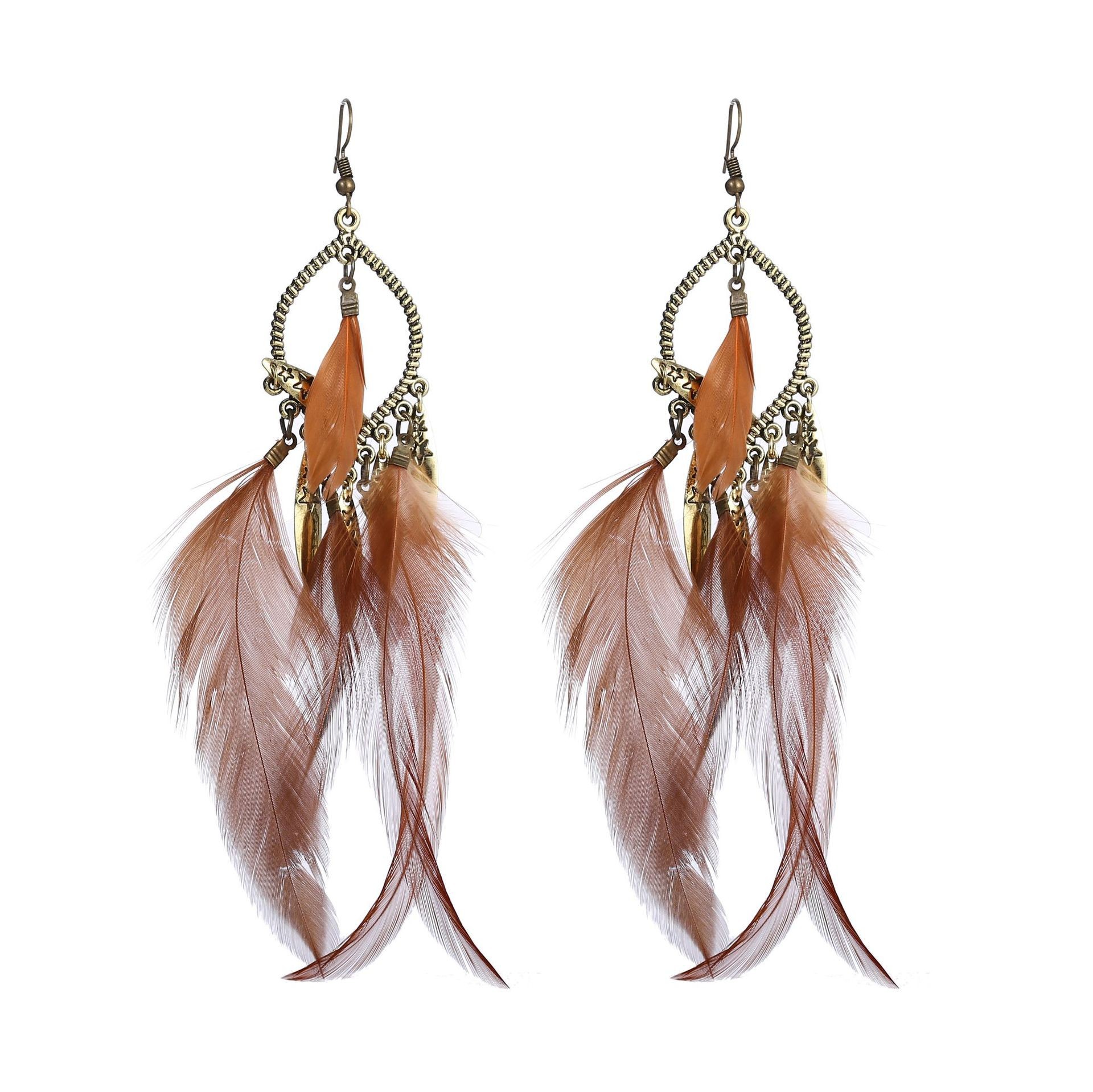 Cross-Border round Dreamcatcher Winding Leaves Horn Coffee Color Tassel Feather Earrings Female Leaves Wooden Posts Eardrops Earrings