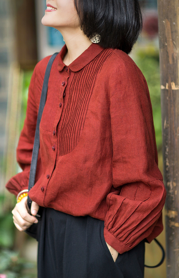 2021秋冬新款 文艺棉麻女装14支铁锈红宽松亚麻衬衫长袖上衣女
