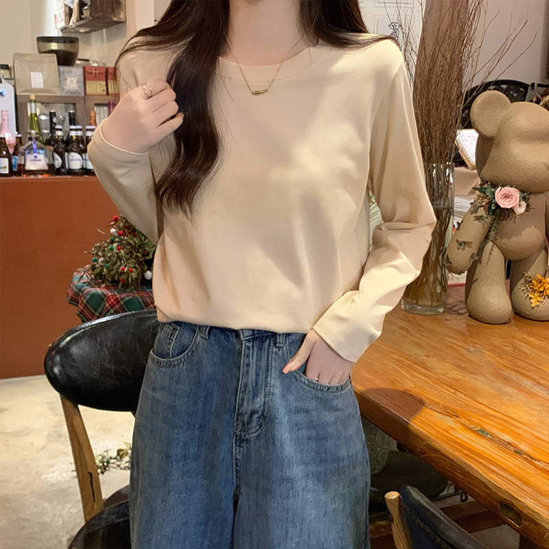 杏色纯棉长袖内搭t恤女早春韩系纯色宽松显瘦百搭万能打底衫上衣