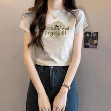 设计感小众正肩青春短袖女t恤夏季新爆款印花修身短款灰色上衣服