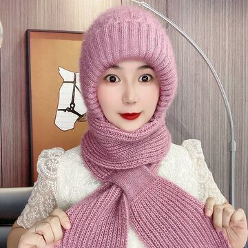 秋冬季时尚保暖加绒加厚女士帽子围巾一体松鼠绒风雪帽毛线编织帽
