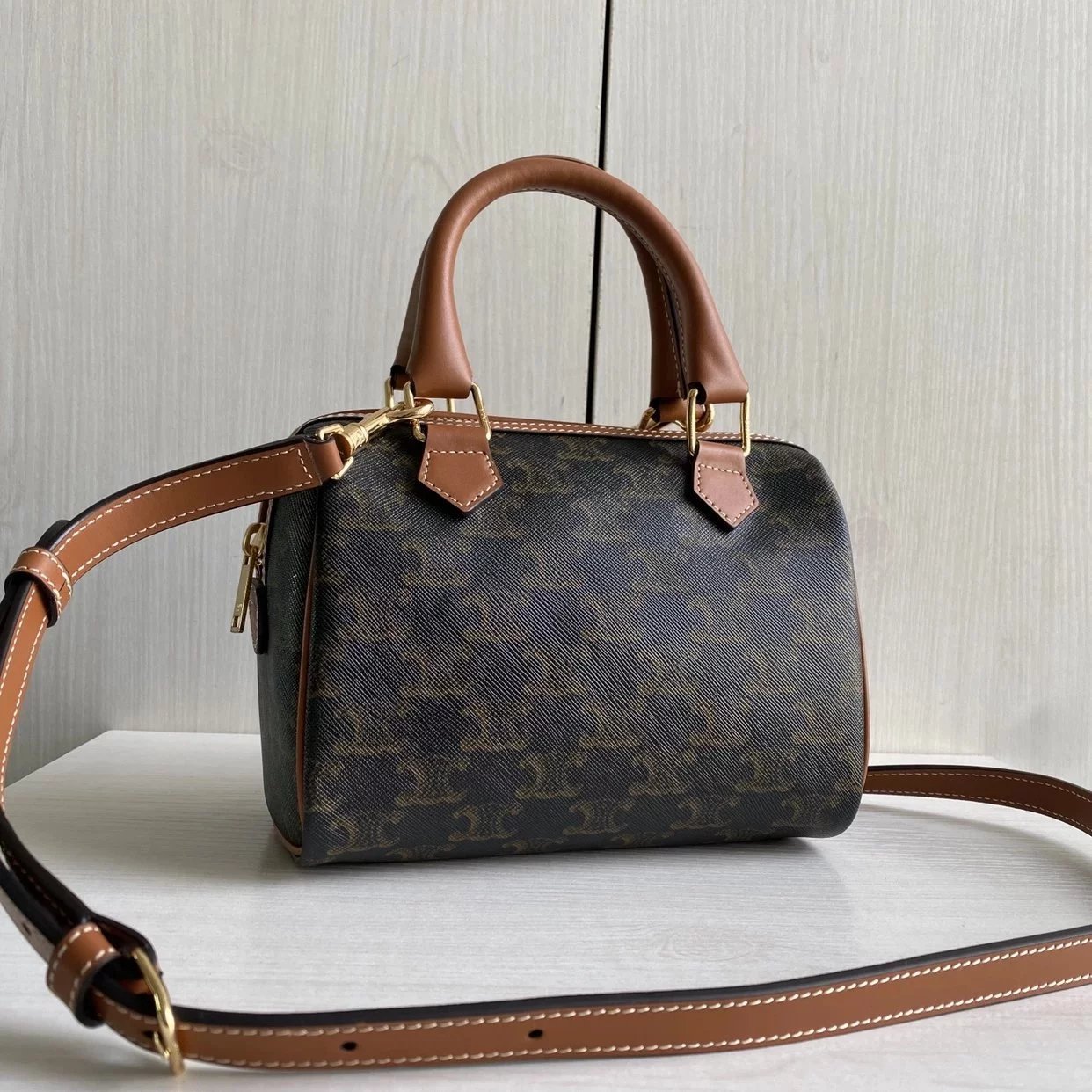 ce家 small boston凯旋门老花拼牛皮 波士顿包 手提斜挎复古女包