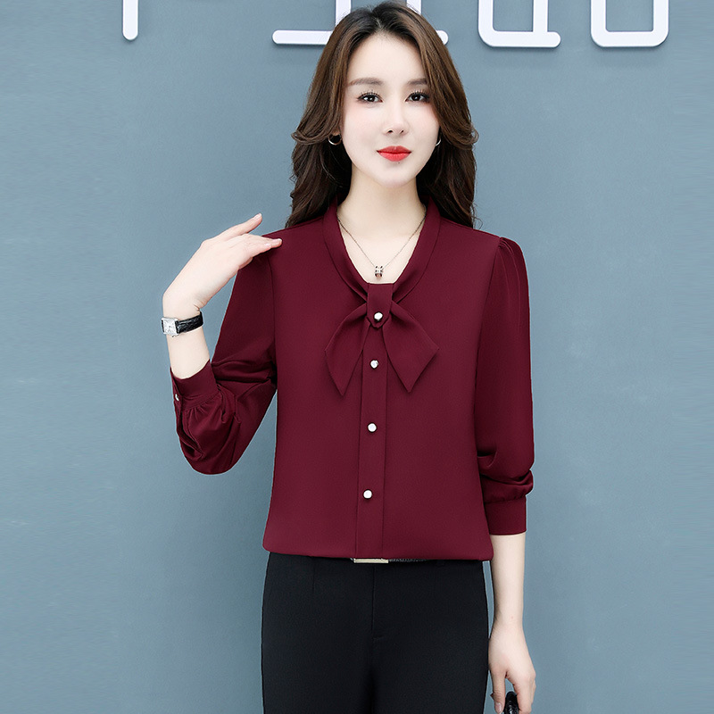 Spring 2023 New Scarf Collar Women's Chiffon Shirt Long-Sleeved Shirt Versatile Fashionable Multi-Color Black Shirt
