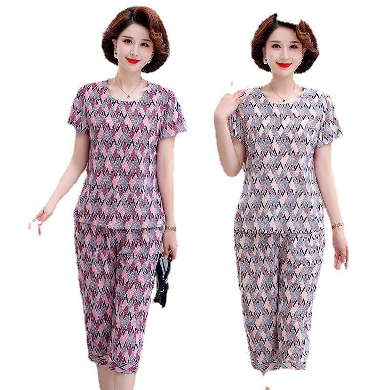 Middle-Aged and Elderly Women's Clothing for Moms Summer Clothes Two-Piece Suit Ice Silk Short Sleeve Oversized Loose-Fitting Pattern Print Casual Suit Wholesale